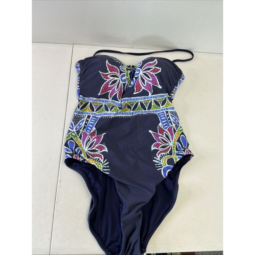 Trina Turk One Piece Swimsuit Sz 10 Navy Blue Lotus Batik Bandeau Halter